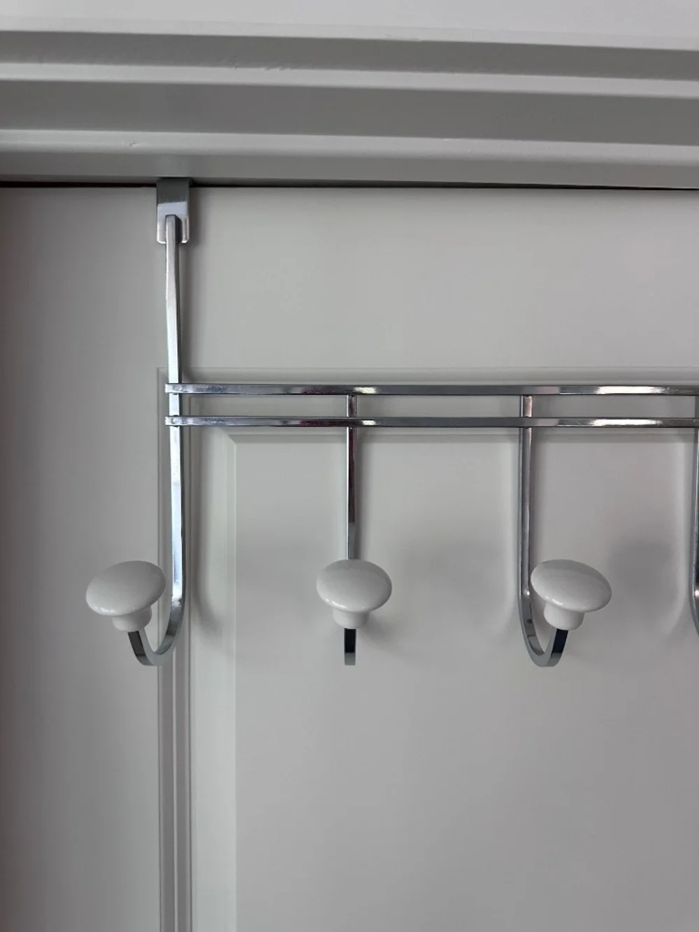 Container Store: Chrome 5-Hook Over-the-Door Rack with White Ceramic Knobs